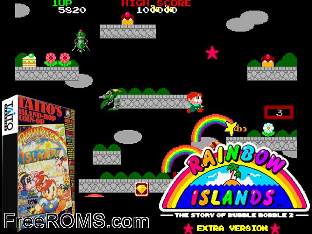 Rainbow Islands Extra Raine game showing 3D box cover and gameplay screenshot
