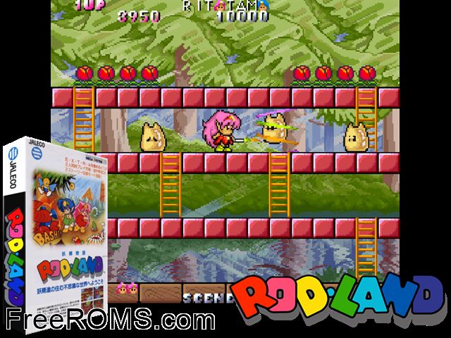 Rodland Raine game showing 3D box cover and gameplay screenshot