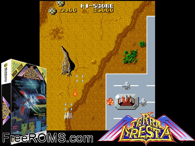 Terra Cresta Raine game showing 3D box cover and gameplay screenshot