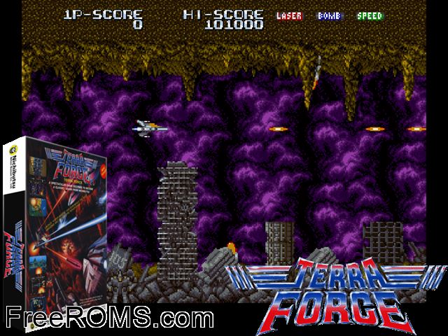Terra Force Raine game showing 3D box cover and gameplay screenshot