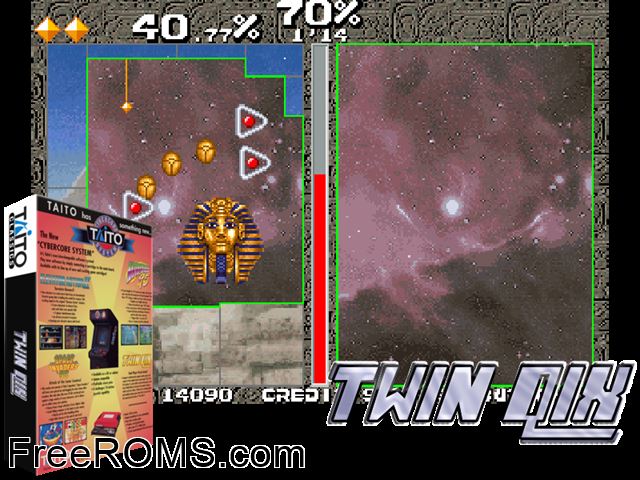 Twin Qix Raine game showing 3D box cover and gameplay screenshot