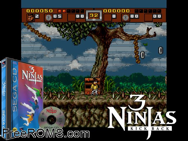 3 Ninjas Kick Back Sega CD game showing 3D box cover and gameplay screenshot