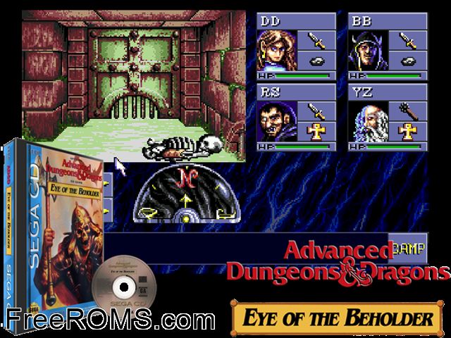 Adandd Eye of the Beholder Sega CD game showing 3D box cover and gameplay screenshot