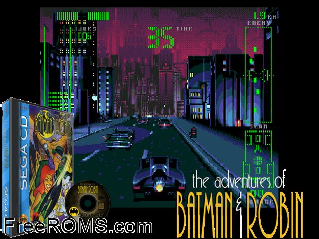 Adventures of Batman and Robin Sega CD game showing 3D box cover and gameplay screenshot