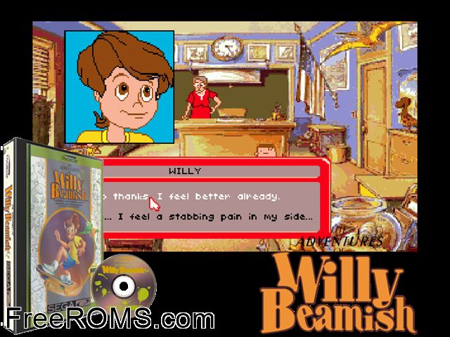 Adventures of Willy Beamish Sega CD game showing 3D box cover and gameplay screenshot