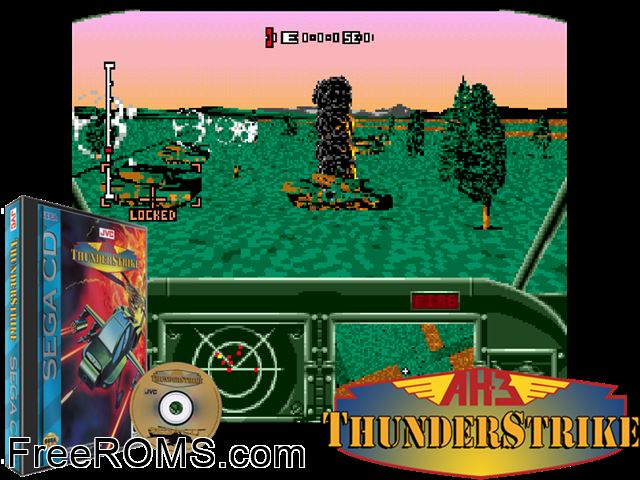 AH-3 Thunderstrike Sega CD game showing 3D box cover and gameplay screenshot