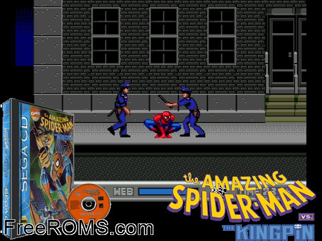 Amazing Spider-man vs the Kingpin Sega CD game showing 3D box cover and gameplay screenshot