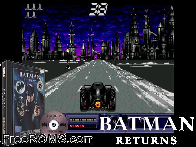 Batman Returns Sega CD game showing 3D box cover and gameplay screenshot