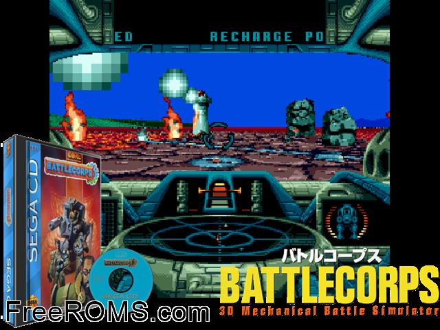 Battlecorps Sega CD game showing 3D box cover and gameplay screenshot