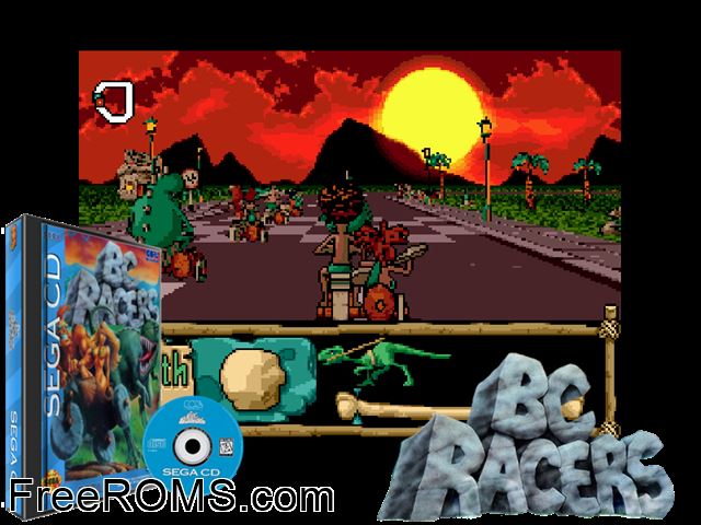 BC Racers Sega CD game showing 3D box cover and gameplay screenshot