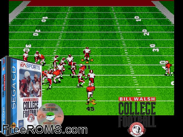 Bill Walsh College Football Sega CD game showing 3D box cover and gameplay screenshot