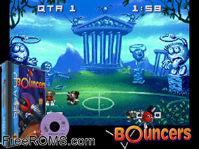 Bouncers Sega CD game showing 3D box cover and gameplay screenshot
