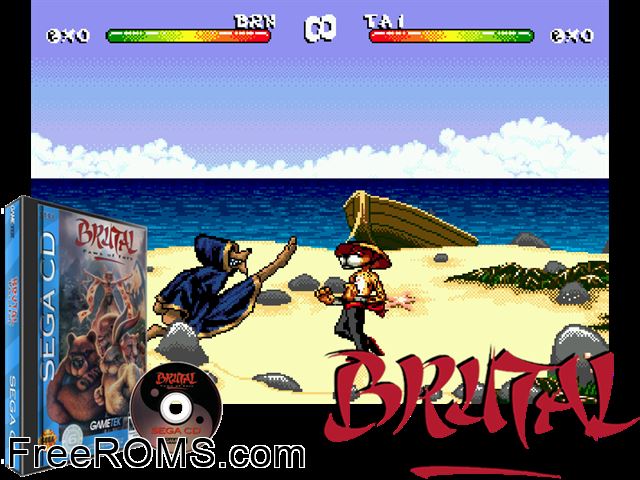 Brutal Paws of Fury Sega CD game showing 3D box cover and gameplay screenshot