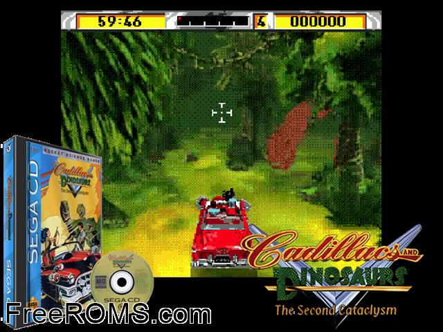 Cadillacs and Dinosaurs - the Second Cataclysm Sega CD game showing 3D box cover and gameplay screenshot