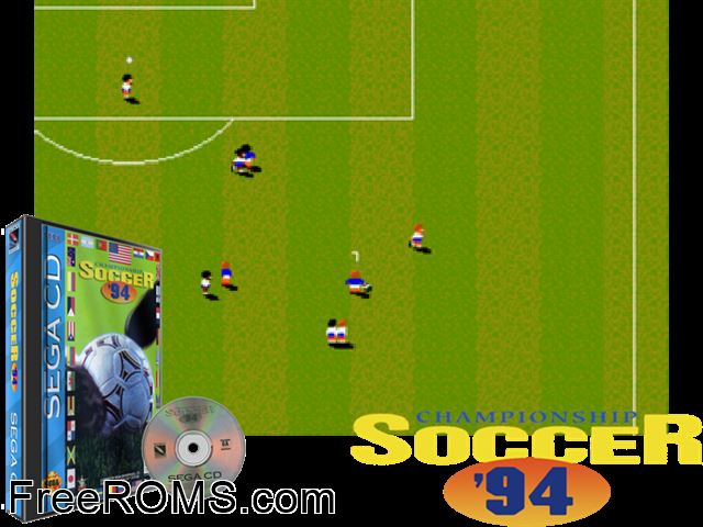 Championship Soccer '94 Sega CD game showing 3D box cover and gameplay screenshot