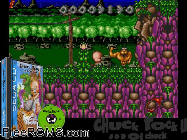 Chuck Rock II - Son of Chuck Sega CD game showing 3D box cover and gameplay screenshot