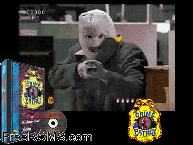 Crime Patrol Sega CD game showing 3D box cover and gameplay screenshot