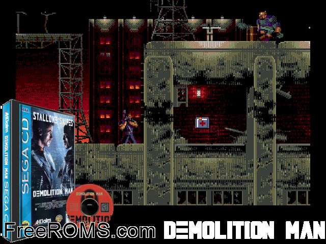 Demolition Man Sega CD game showing 3D box cover and gameplay screenshot