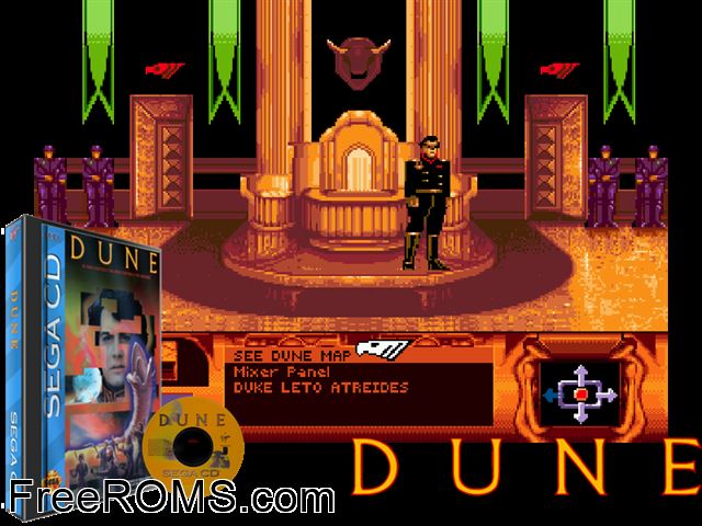 Dune Sega CD game showing 3D box cover and gameplay screenshot
