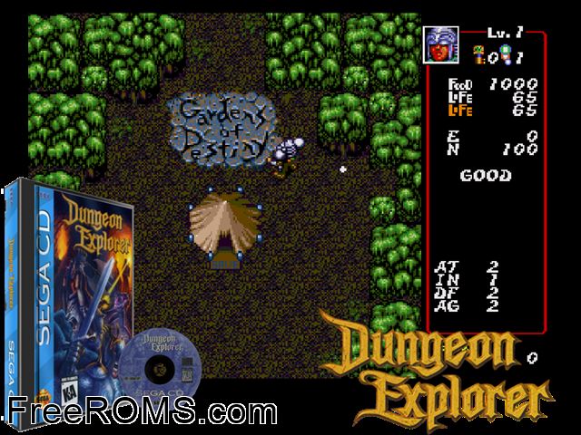 Dungeon Explorer Sega CD game showing 3D box cover and gameplay screenshot