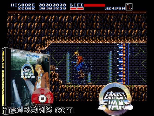 Earnest Evans Sega CD game showing 3D box cover and gameplay screenshot