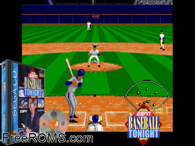 Espn Baseball Tonight Sega CD game showing 3D box cover and gameplay screenshot