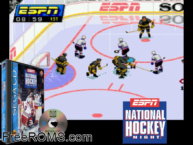 Espn National Hockey Night Sega CD game showing 3D box cover and gameplay screenshot