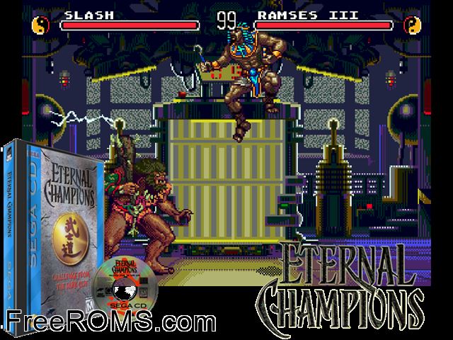Eternal Champions Sega CD game showing 3D box cover and gameplay screenshot