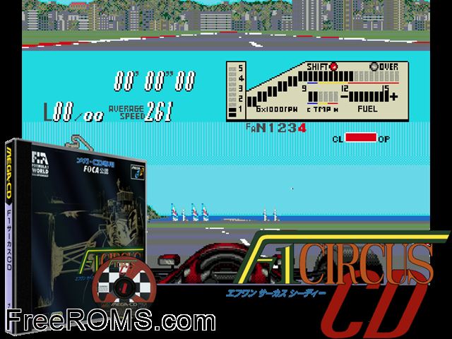 F1 Circus Sega CD game showing 3D box cover and gameplay screenshot