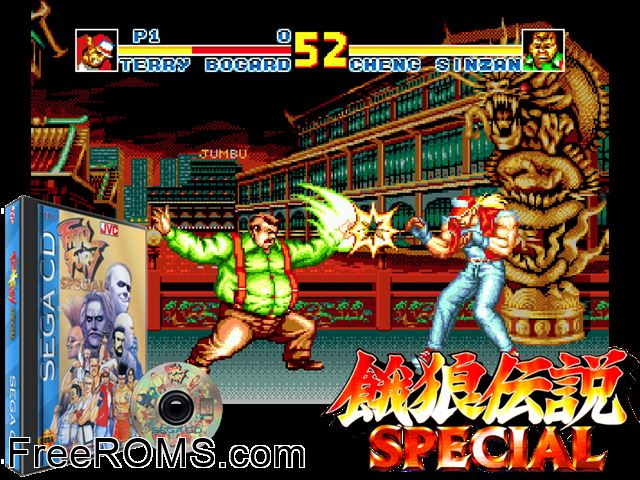 Fatal Fury Special Sega CD game showing 3D box cover and gameplay screenshot
