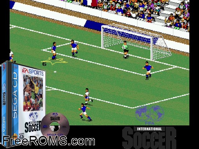 Fifa International Soccer Sega CD game showing 3D box cover and gameplay screenshot