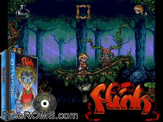 Flink Sega CD game showing 3D box cover and gameplay screenshot