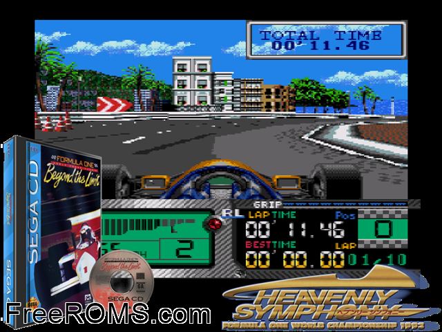 Formula One World Championship - Beyond the Limit Sega CD game showing 3D box cover and gameplay screenshot