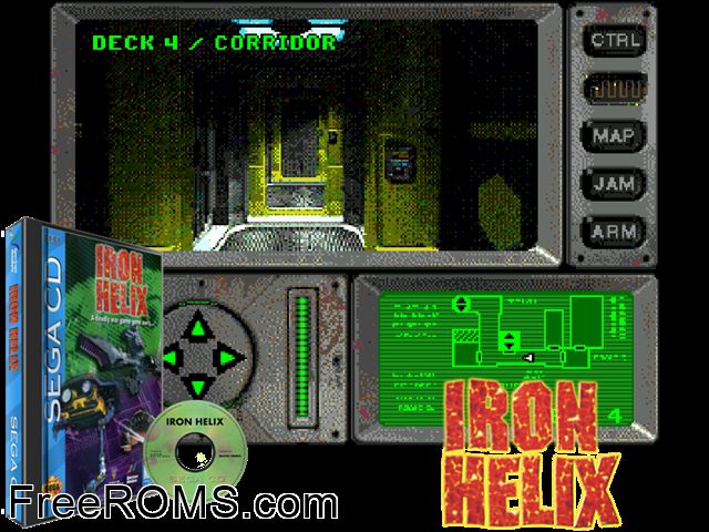 Iron Helix Sega CD game showing 3D box cover and gameplay screenshot