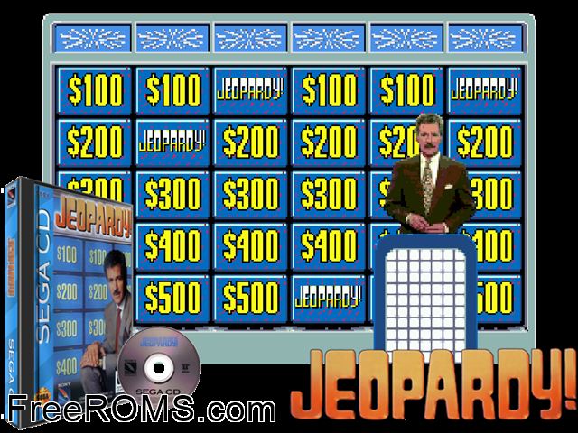 Jeopardy! Sega CD game showing 3D box cover and gameplay screenshot