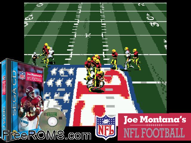 Joe Montana's NFL Football Sega CD game showing 3D box cover and gameplay screenshot