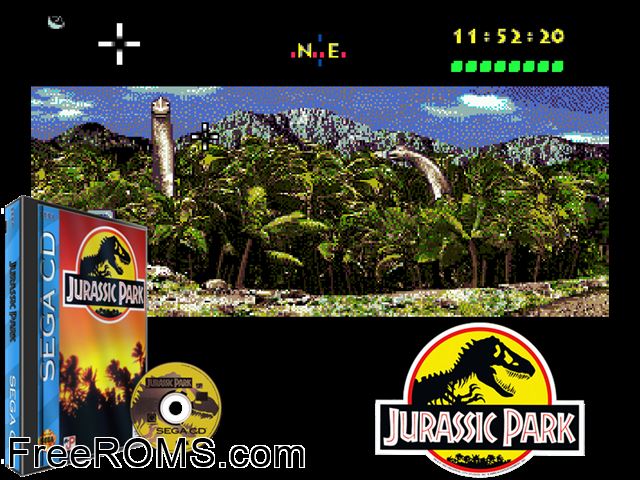 Jurassic Park Sega CD game showing 3D box cover and gameplay screenshot