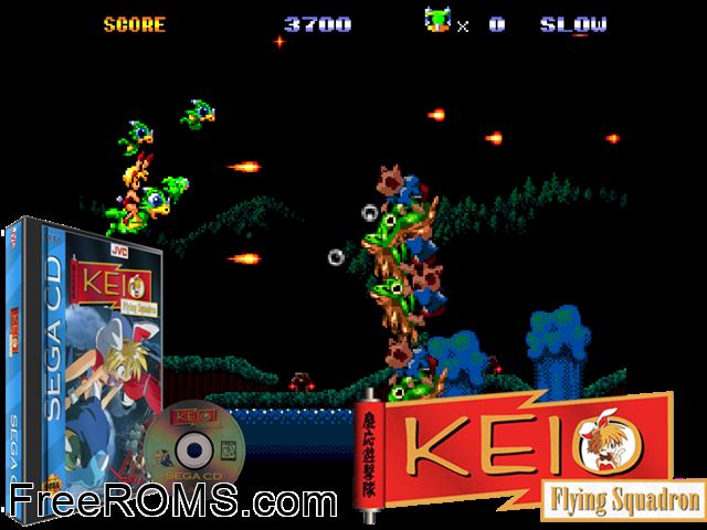 Keio Flying Squadron Sega CD game showing 3D box cover and gameplay screenshot