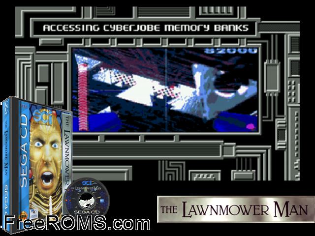 Lawnmower Man, The Sega CD game showing 3D box cover and gameplay screenshot