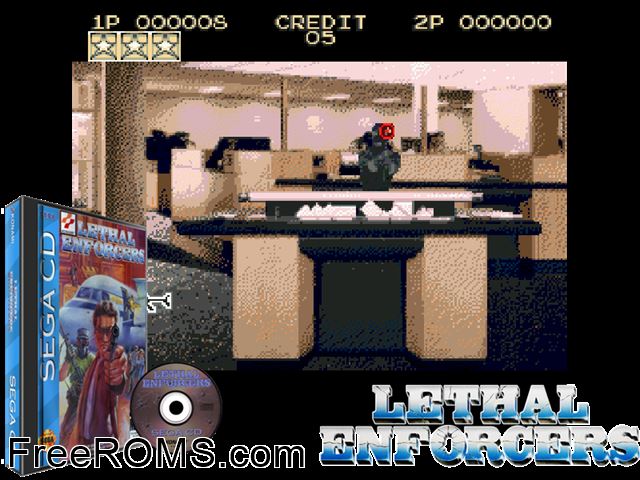 Lethal Enforcers Sega CD game showing 3D box cover and gameplay screenshot