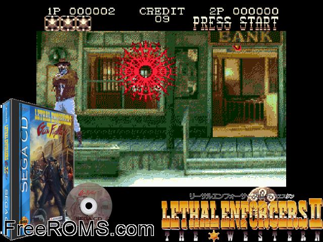 Lethal Enforcers II - Gun Fighters Sega CD game showing 3D box cover and gameplay screenshot