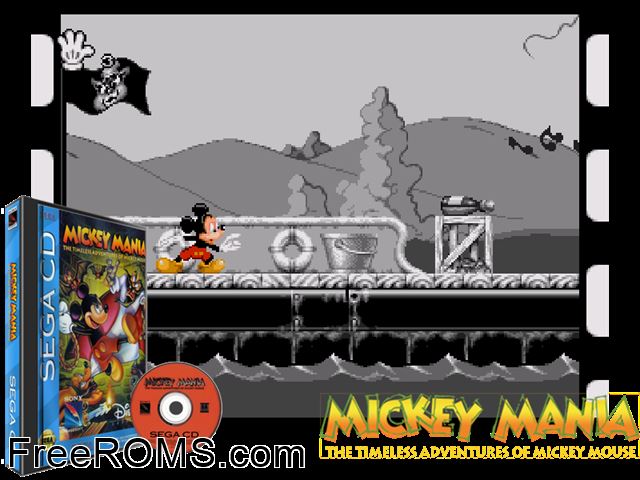 Mickey Mania Sega CD game showing 3D box cover and gameplay screenshot