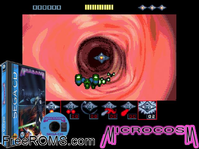 Microcosm Sega CD game showing 3D box cover and gameplay screenshot