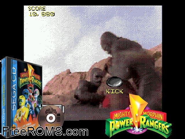 Mighty Morphin Power Rangers Sega CD game showing 3D box cover and gameplay screenshot