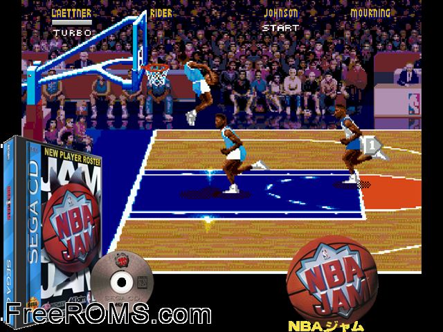 NBA Jam Sega CD game showing 3D box cover and gameplay screenshot