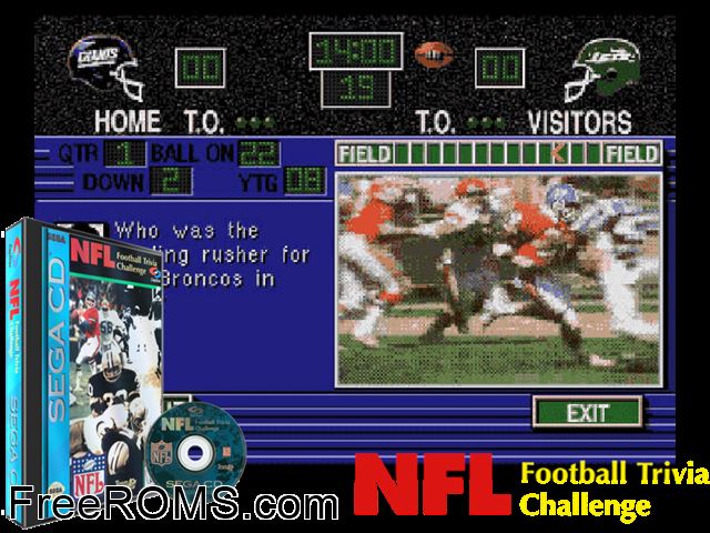 NFL Football Trivia Challenge Sega CD game showing 3D box cover and gameplay screenshot