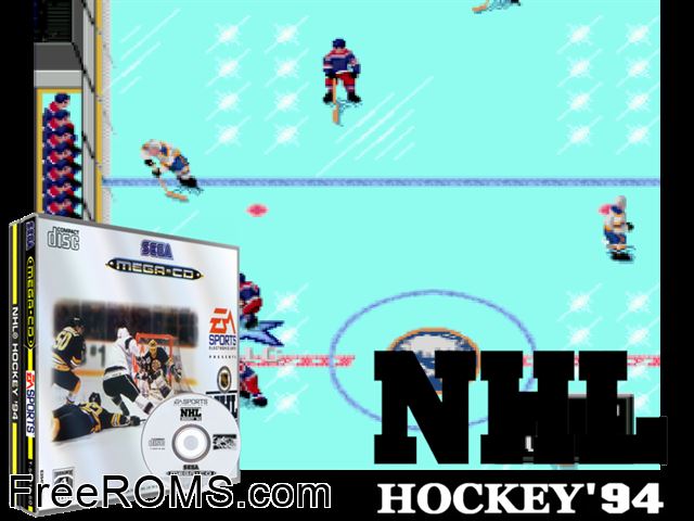 NHL Hockey '94 Sega CD game showing 3D box cover and gameplay screenshot
