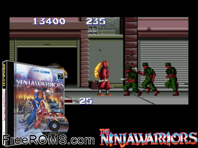 Ninja Warriors Sega CD game showing 3D box cover and gameplay screenshot