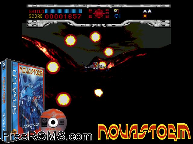 Novastorm Sega CD game showing 3D box cover and gameplay screenshot