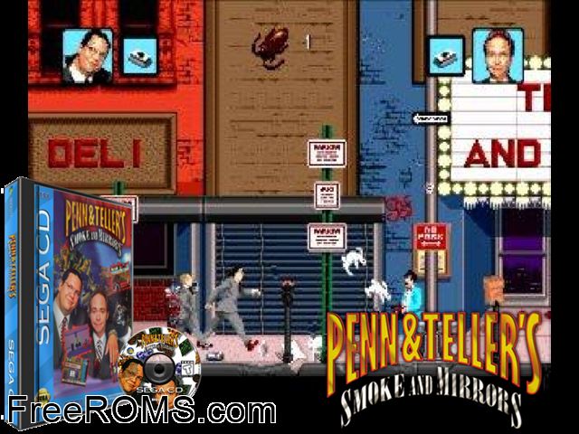Penn and Teller's Smoke and Mirrors Disk 2 Sega CD game showing 3D box cover and gameplay screenshot